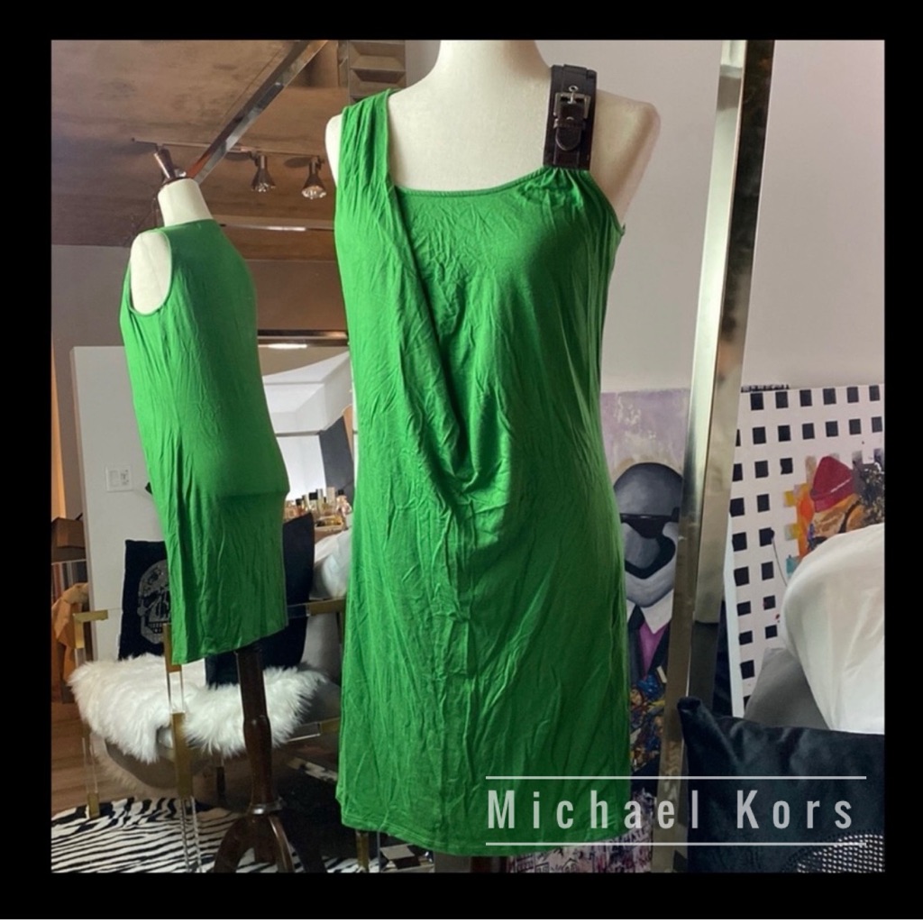 Michael Kors Kelly Green Midi Dress With Vegan Leather Strap - Small